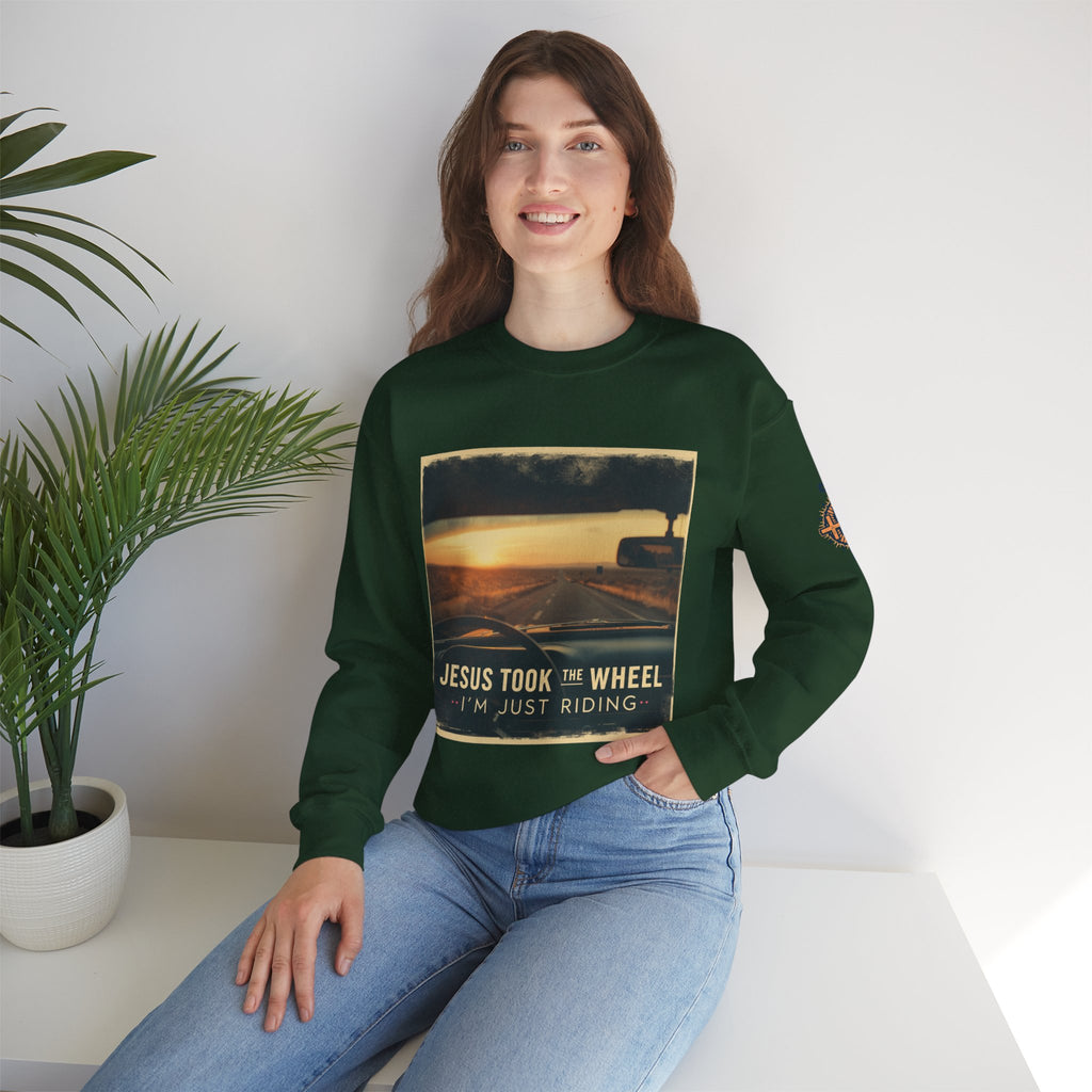 Jesus Took the Wheel I'm Just Riding Sweatshirt – Funny Christian Convertible Car Sweatshirt for Surrendered Faith & Humor