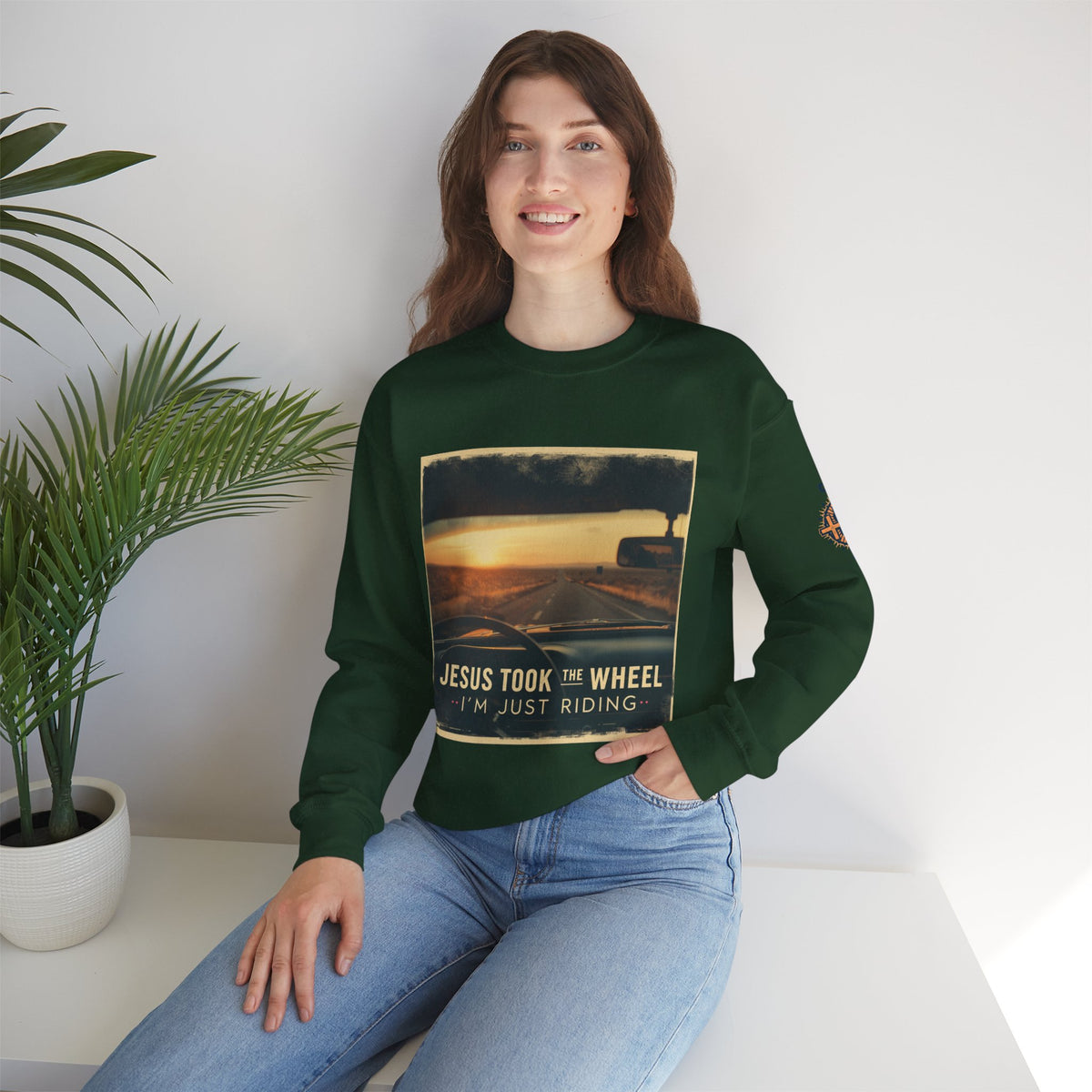 Jesus Took the Wheel I'm Just Riding Sweatshirt – Funny Christian Convertible Car Sweatshirt for Surrendered Faith & Humor
