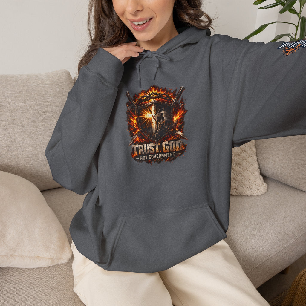 Trust God Not Government Shield Hoodie — Patriotic Christian Faith Hoodie Printify