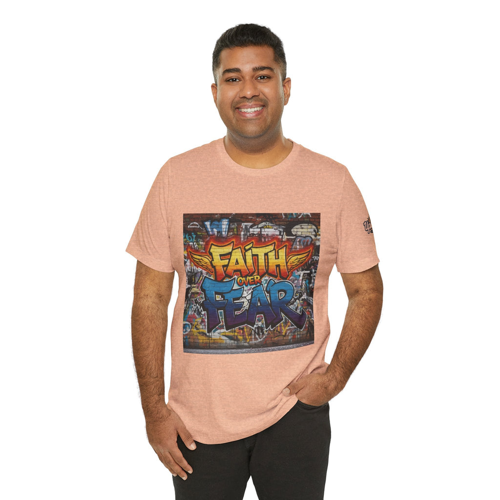 Faith Over Fear T-shirt – Graffiti Wall Christian T-shirt for Bold 2 Corinthians 5:7 Streetwear & Unshakable Faith Printify