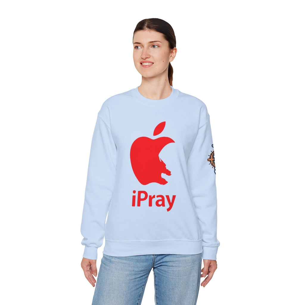 iPray Apple Logo Sweatshirt — Funny Christian Sweatshirt (Minimal Red Apple Graphic) Printify