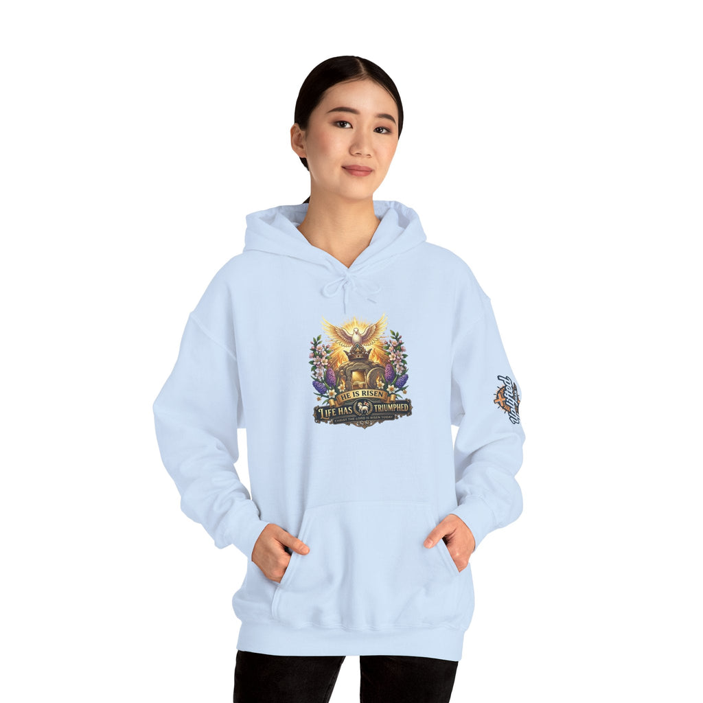He Is Risen "Life Has Triumphed" Hoodie — Easter Resurrection Christian Hoodie Printify