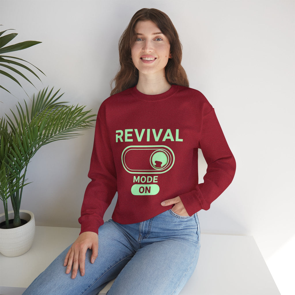 🔥 Revival Mode: ON – Christian Techwear Sweatshirt | Glowing Green Faith Switch | Futuristic Jesus Shirt | Activate Your Spiritual Awakening | Uplifted Gear Printify