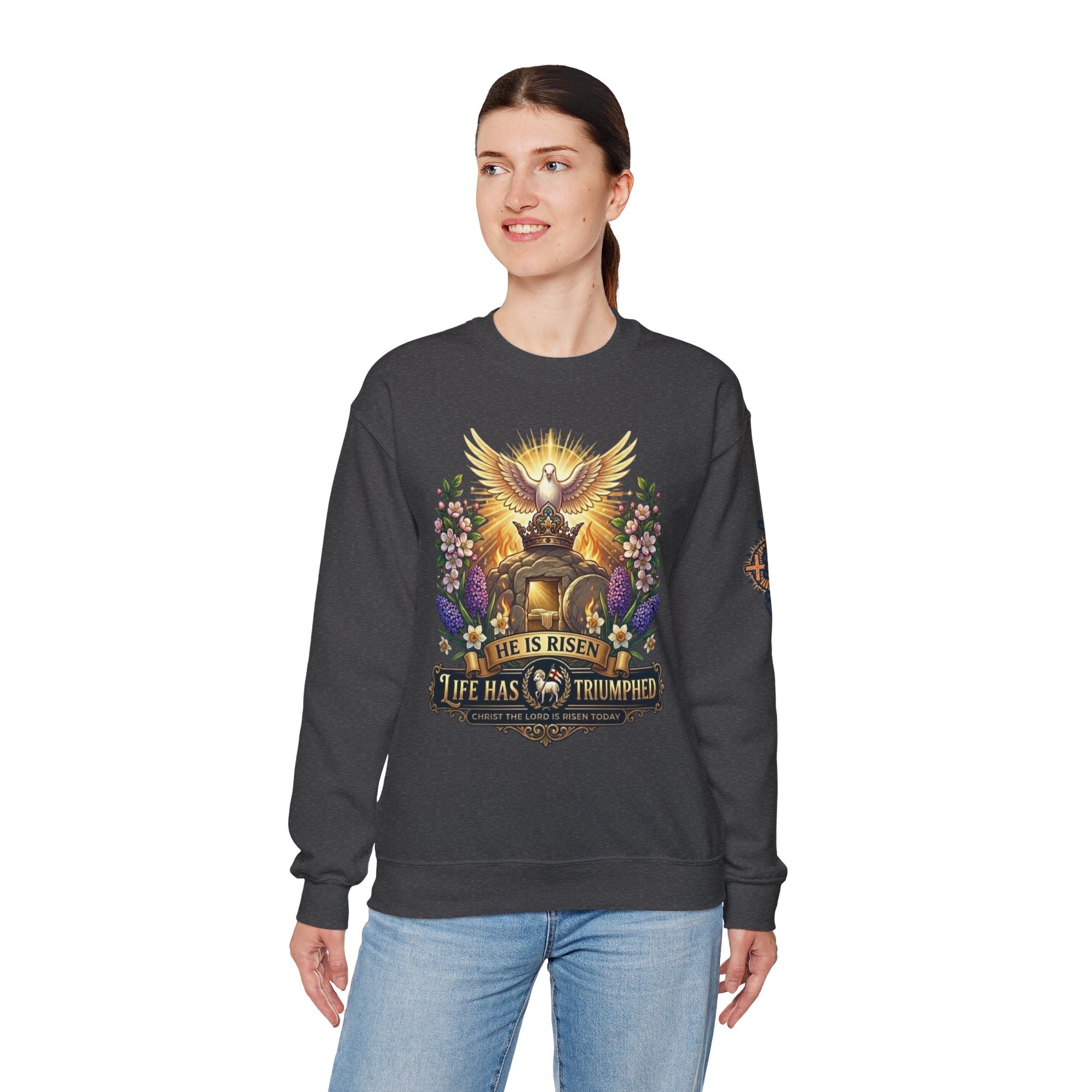 He Is Risen "Life Has Triumphed" Sweatshirt — Easter Resurrection Christian Sweatshirt Printify