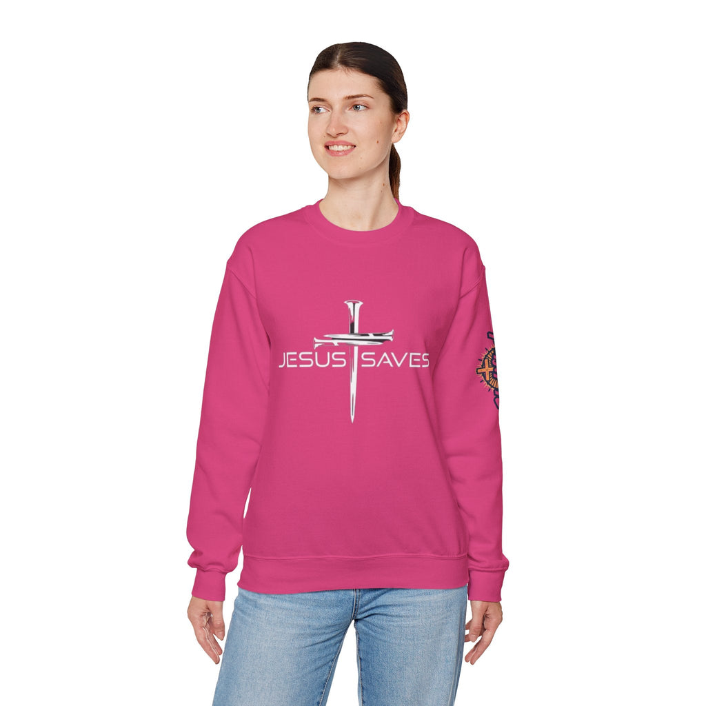 Jesus Saves Sweatshirt – 3 Nails Crucifix Cross Christian Sweatshirt for Redemption Faith & Bold Salvation Printify
