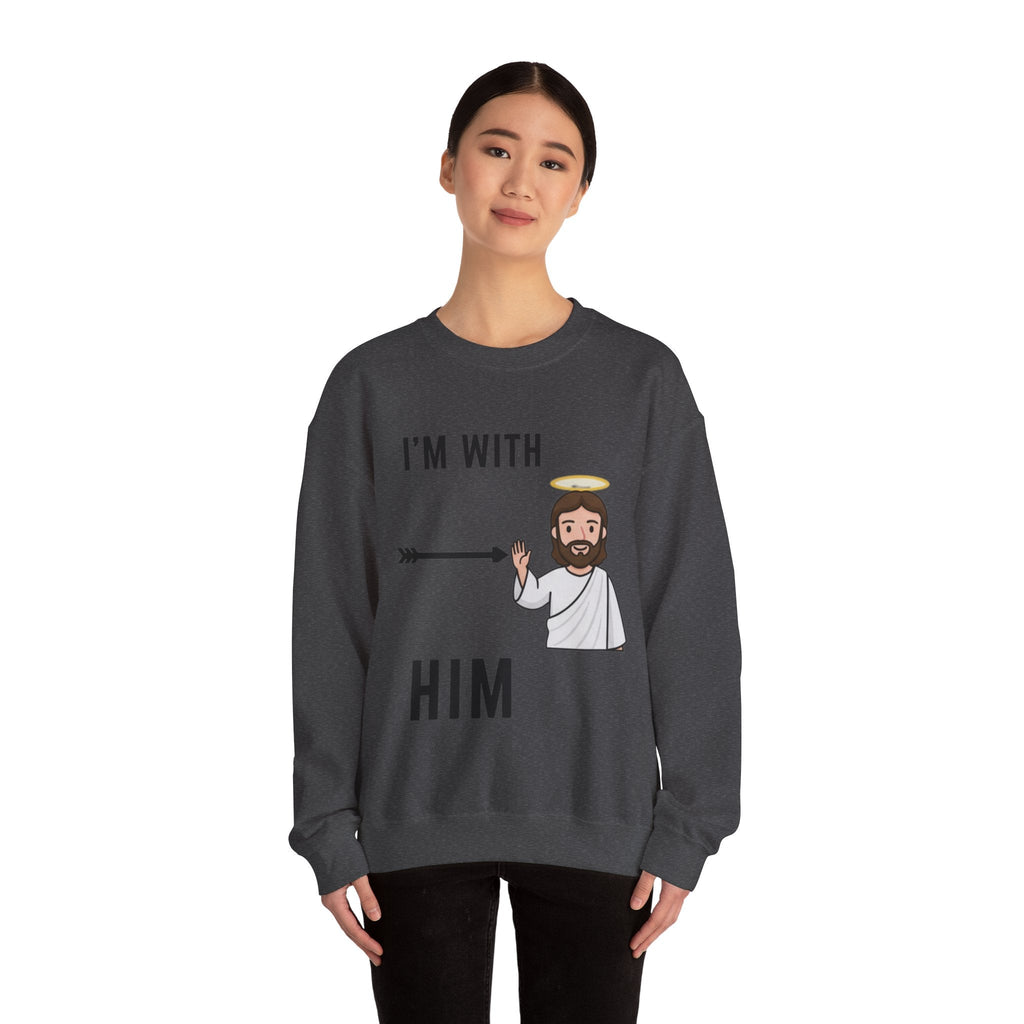 🔥 I’m With Him → Christian Sweatshirt | Arrow Pointing to Jesus | Minimalist Faith Tee | Subtle Cross Design | Bible-Inspired Apparel by Uplifted Gear Printify