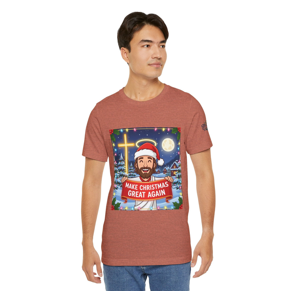 🎄 Make Christmas Great Again – Funny Christian T-Shirt | Jesus Holding Banner | Faith-Based Holiday Parody Tee | Uplifted Gear Printify
