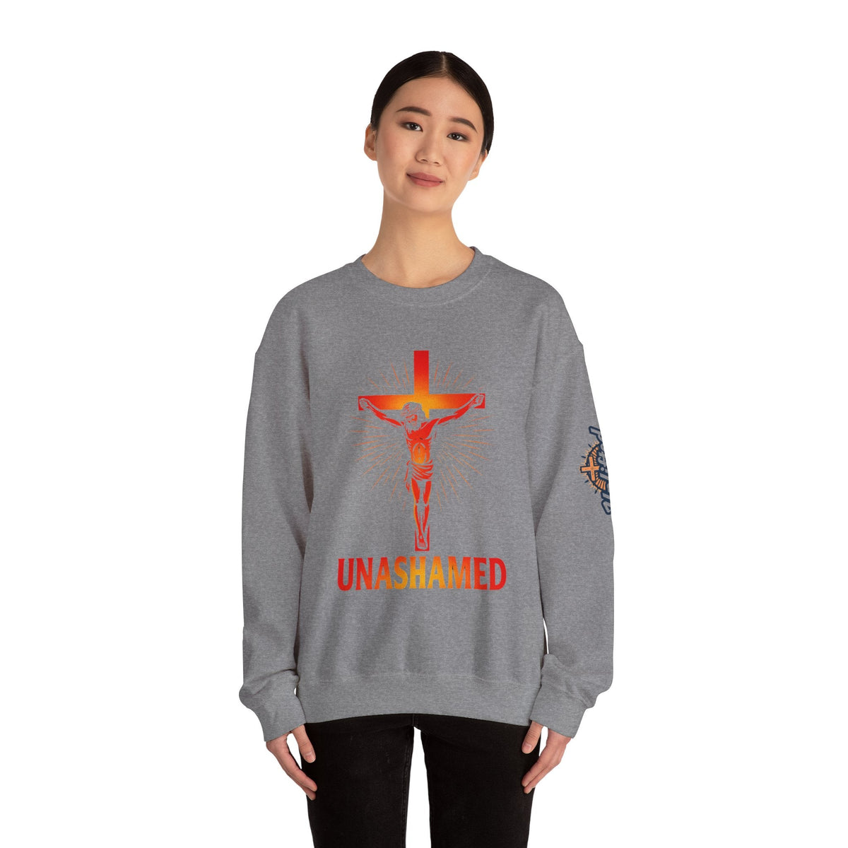 Unashamed Sweatshirt – Romans 1:16 Crucifixion Christian Sweatshirt for Bold Unwavering Faith Printify