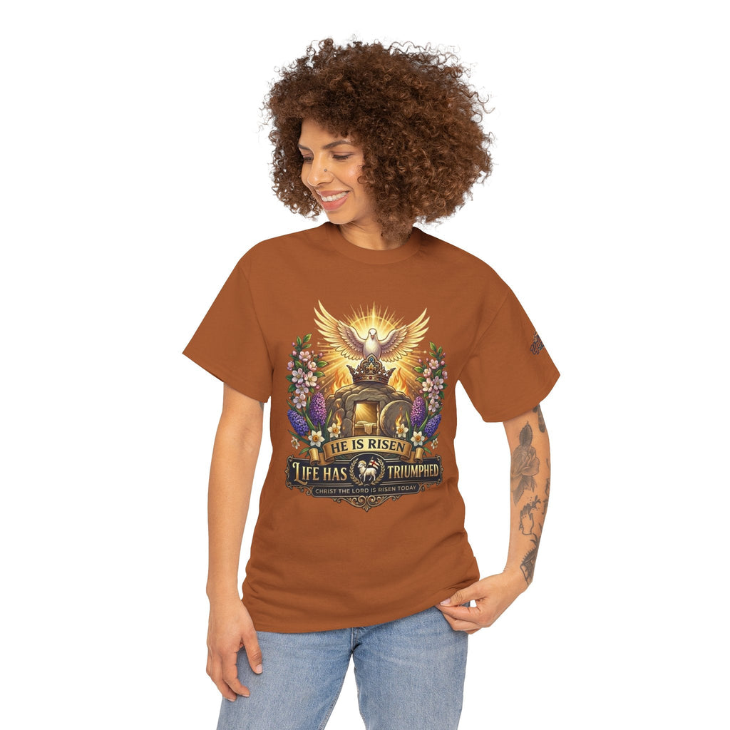 He Is Risen "Life Has Triumphed" T-Shirt — Easter Resurrection Christian Tee Printify