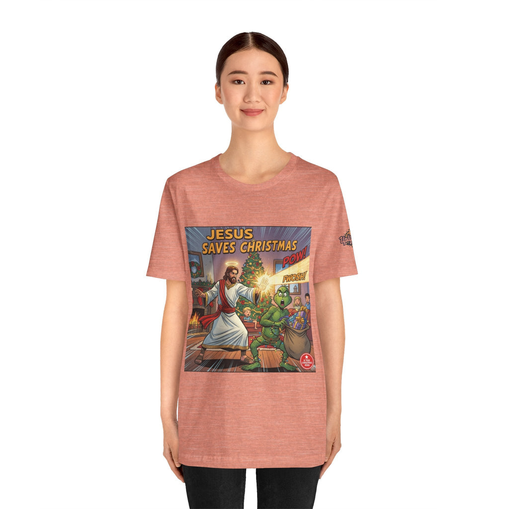 Jesus Saves Christmas T-shirt – Grinch vs Savior Light Battle Christian T-shirt for Hilarious Holiday Faith & True Joy Printify