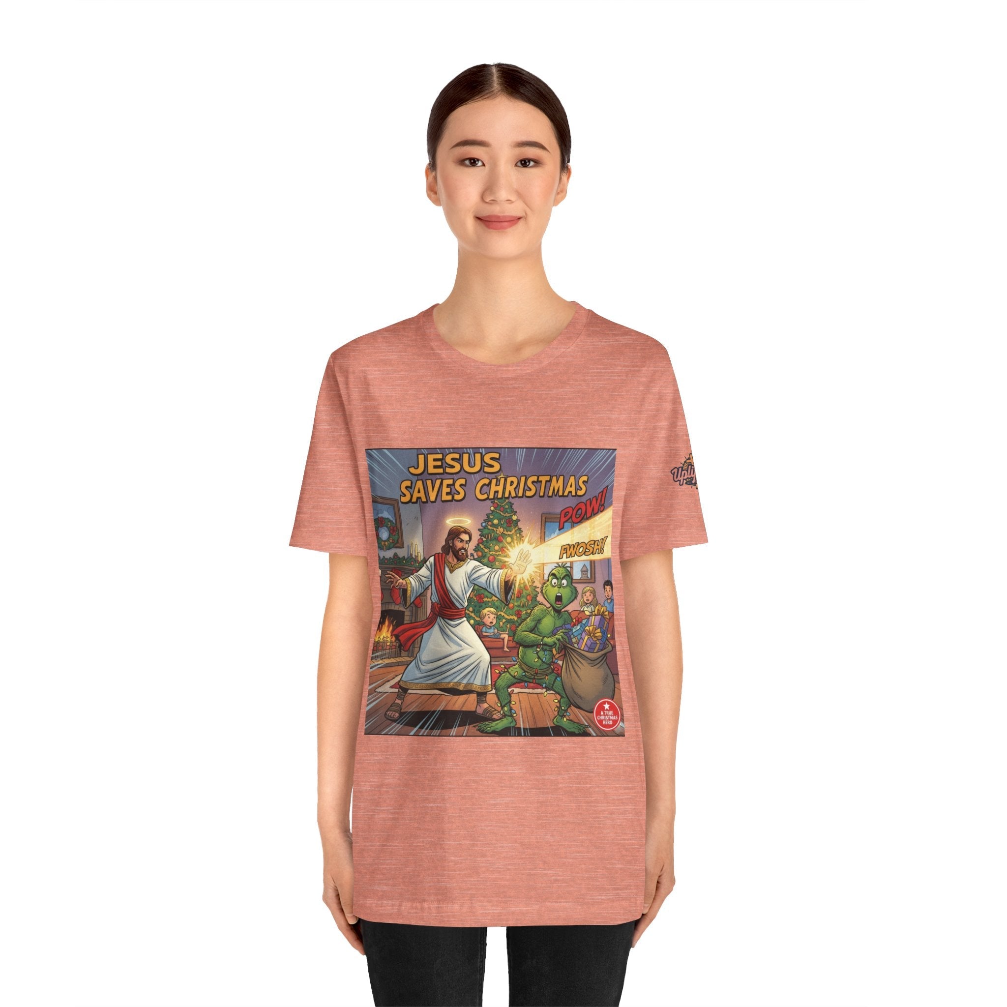 Jesus Saves Christmas T-shirt – Grinch vs Savior Light Battle Christian T-shirt for Hilarious Holiday Faith & True Joy Printify