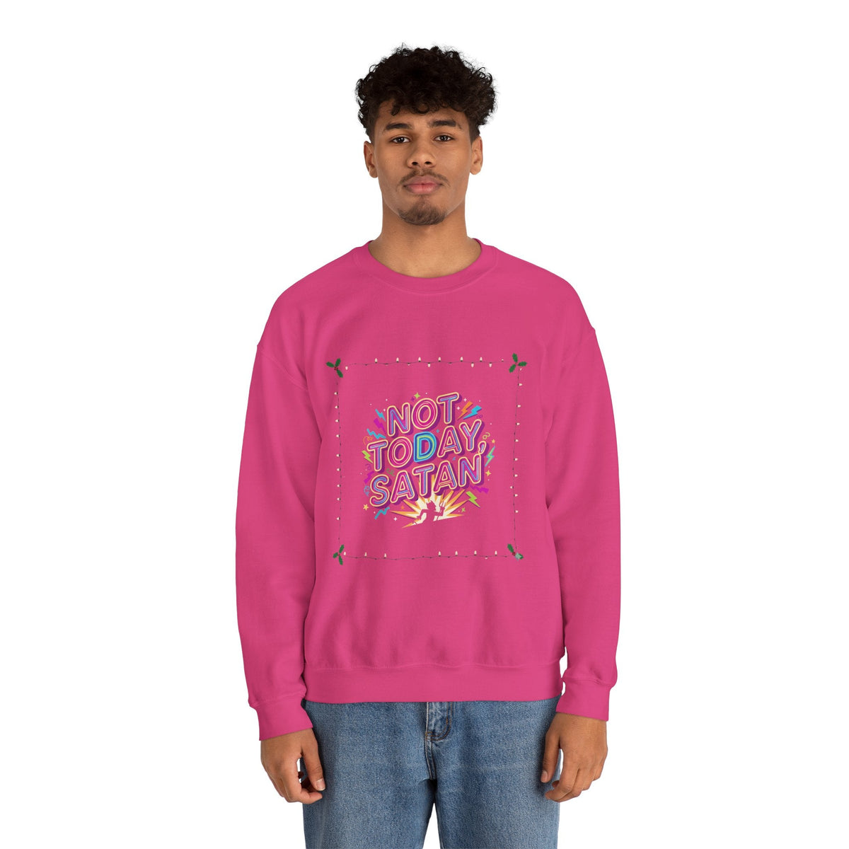 🔥 Not Today, Satan – Retro 90s Christian Sweatshirt | Neon Faith Tee | Funky Cartoon Devil | Bold Bible Verse Shirt | Uplifted Gear Printify