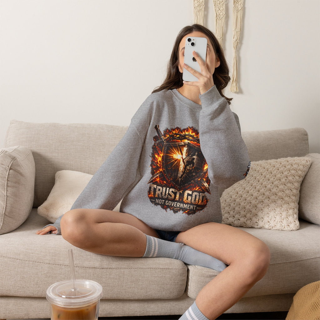 Trust God Not Government Shield Sweatshirt — Patriotic Christian Faith Sweatshirt Printify