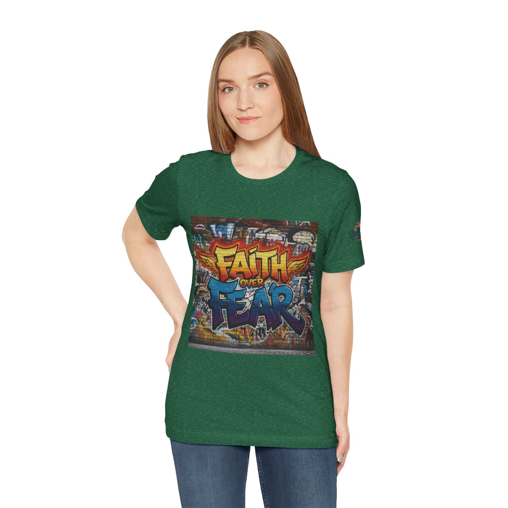 Faith Over Fear T-shirt – Graffiti Wall Christian T-shirt for Bold 2 Corinthians 5:7 Streetwear & Unshakable Faith Printify