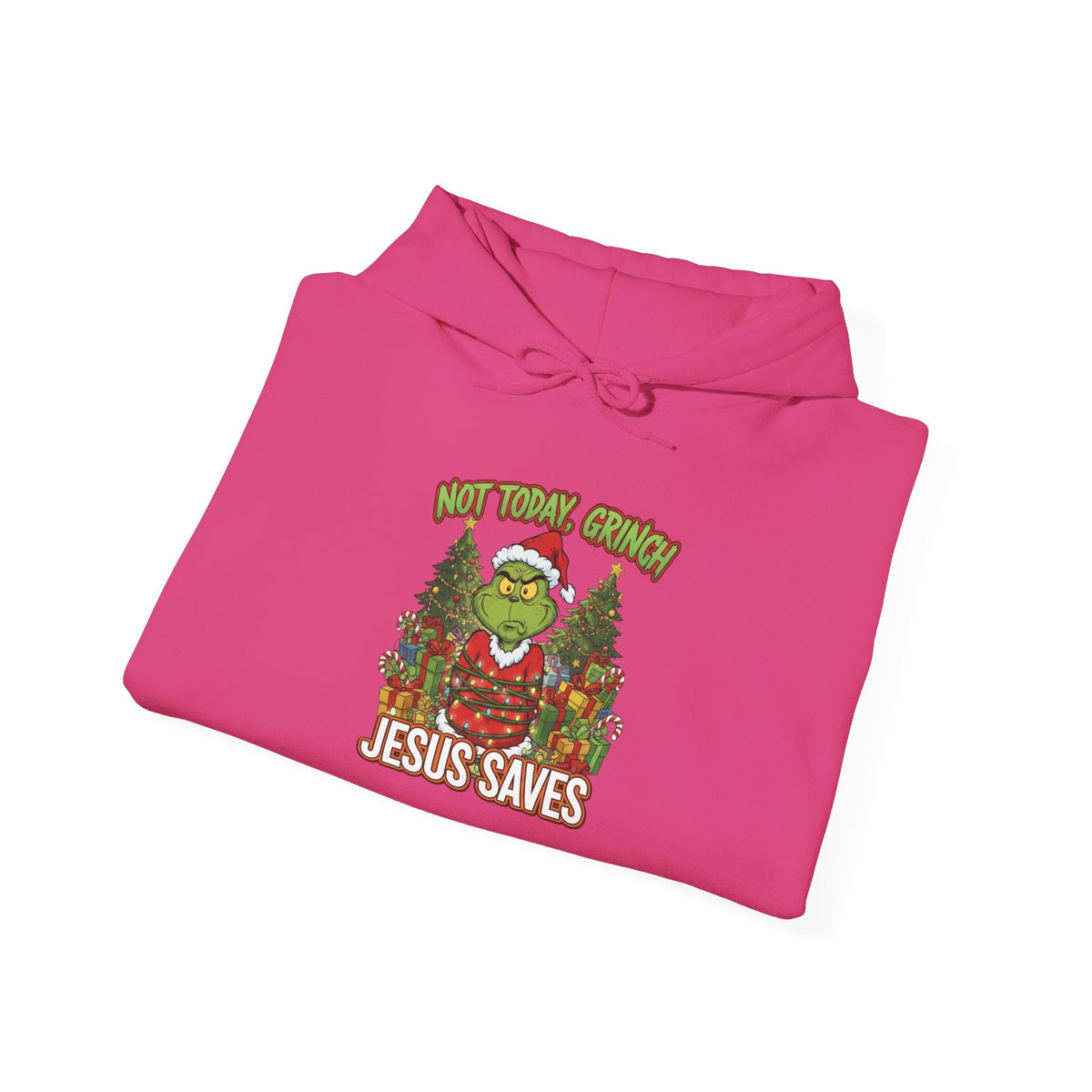 🎄 Not Today, Grinch – Jesus Saves | Funny Christian Christmas Hoodie | Sulking Grinch & Glowing Cross | Bold Neon Faith Tee by Uplifted Gear Printify