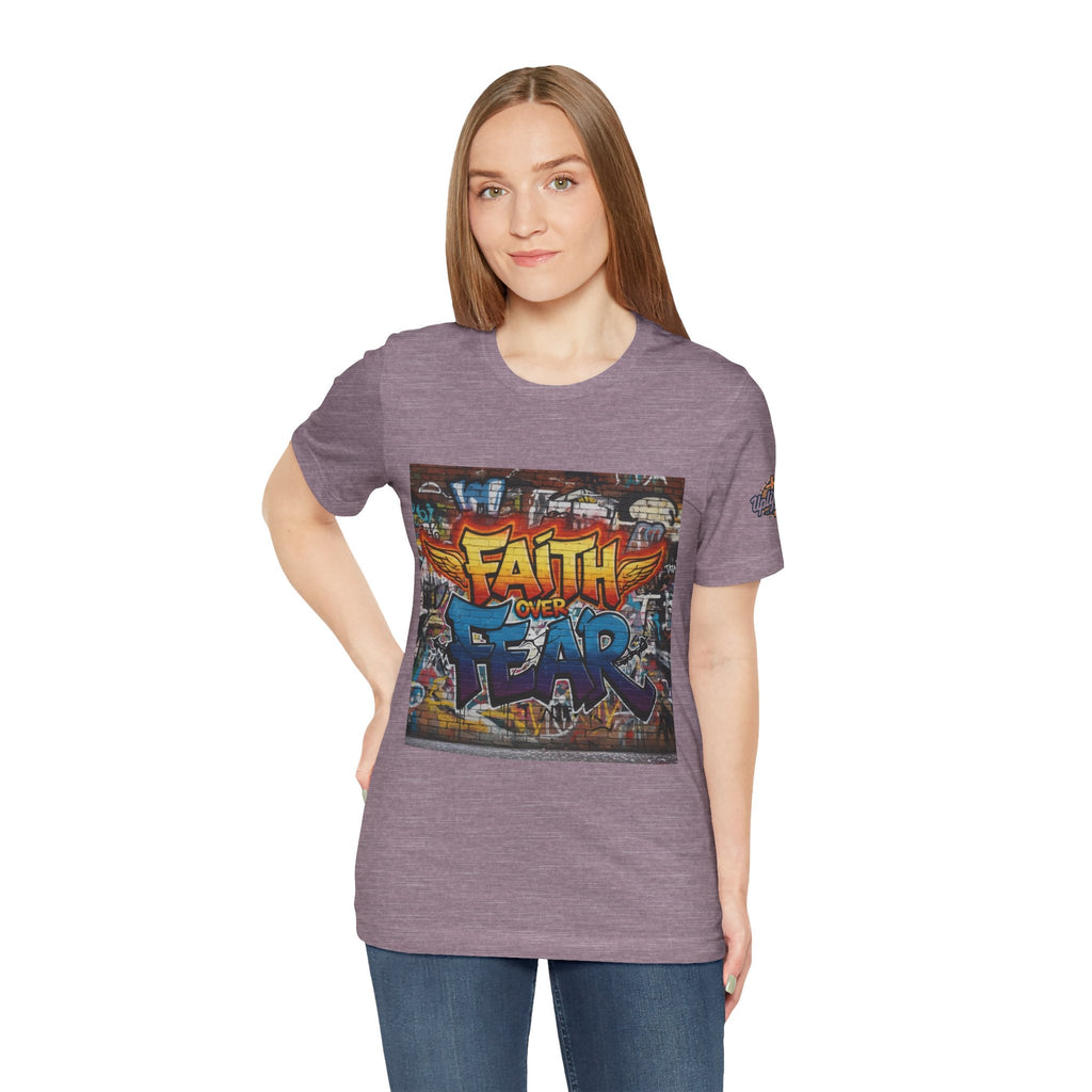 Faith Over Fear T-shirt – Graffiti Wall Christian T-shirt for Bold 2 Corinthians 5:7 Streetwear & Unshakable Faith Printify