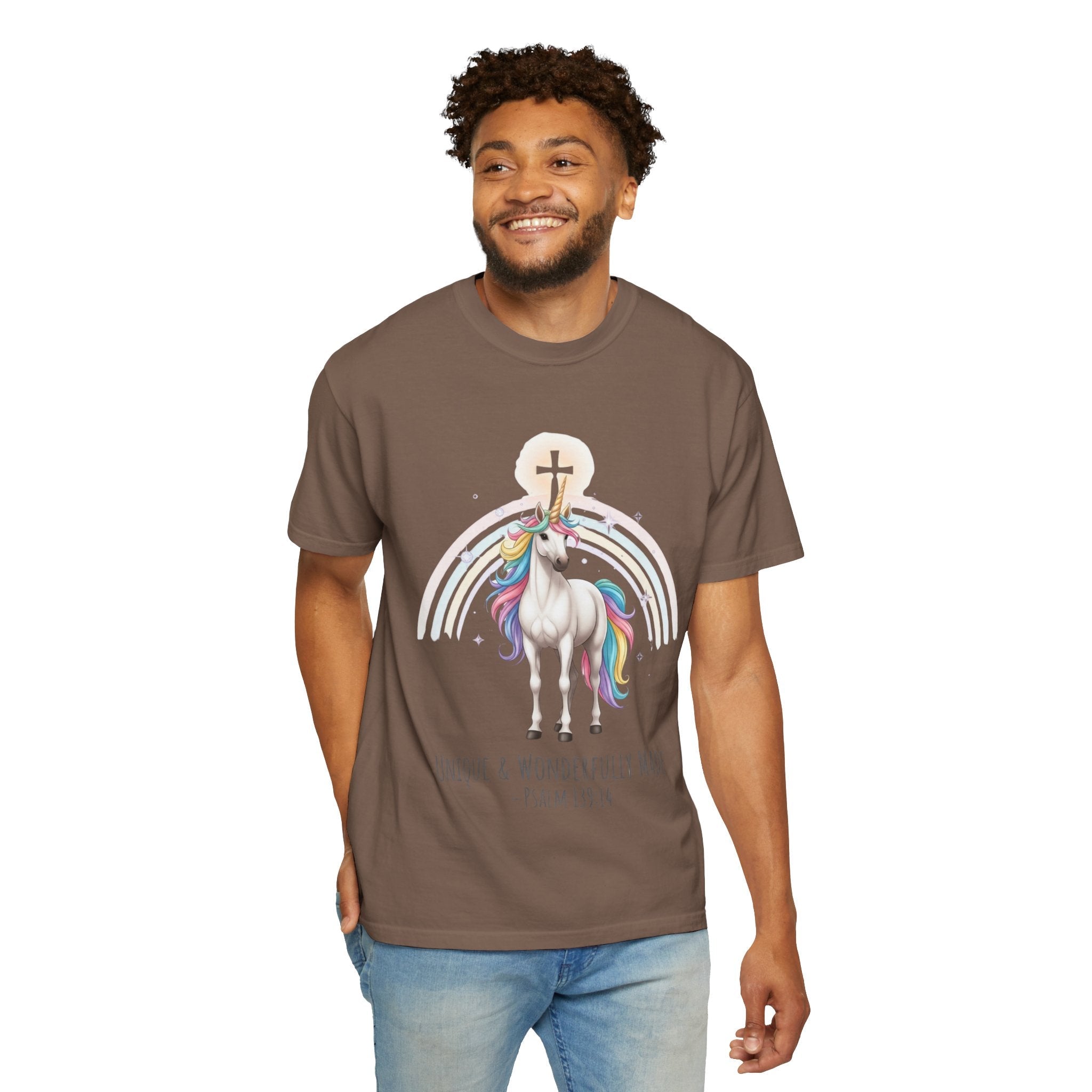 Unique Unicorn Christian T-Shirt – Wonderfully Made with Rainbow Cross & Psalm 139:14 Printify