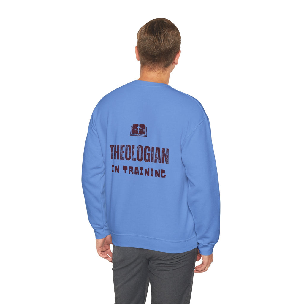 Theologian in Training Sweatshirt – Open Bible & Cross Christian Sweatshirt for Faithful Growth Printify