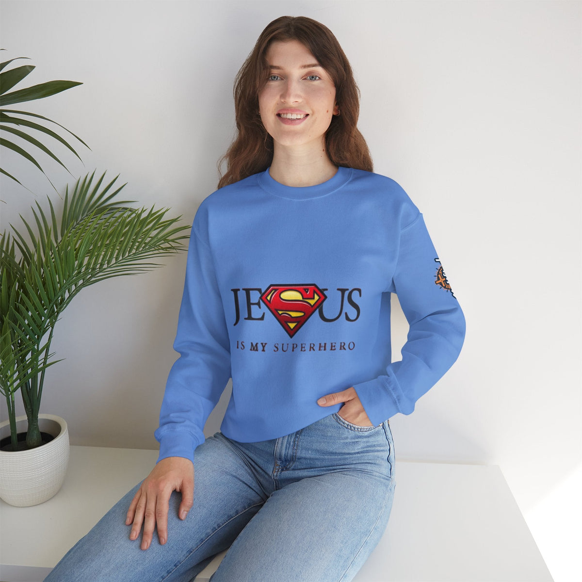 Jesus Is My Superhero Crewneck Sweatshirt Printify