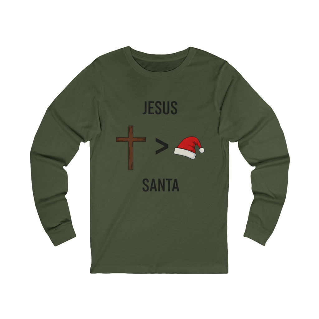 🎄 Jesus > Santa – Minimalist Christian Christmas Long Sleeve Shirt | Bold Faith Over Holiday Tee | Cross vs Santa Hat Design | Uplifted Gear Printify