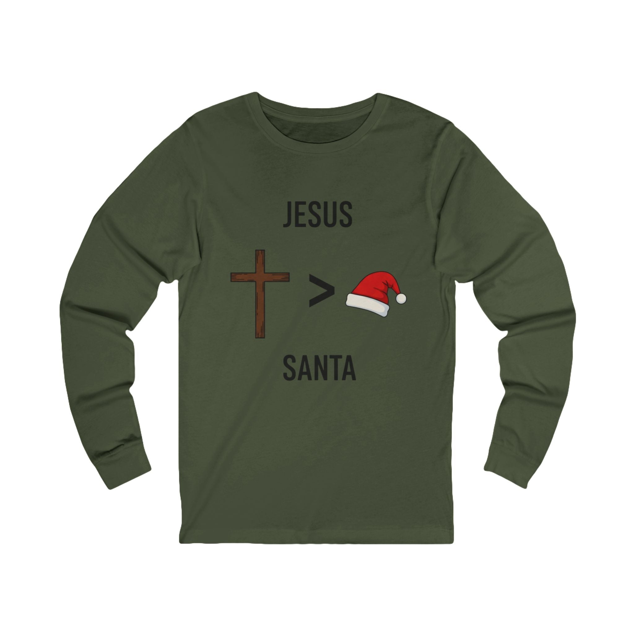 🎄 Jesus > Santa – Minimalist Christian Christmas Long Sleeve Shirt | Bold Faith Over Holiday Tee | Cross vs Santa Hat Design | Uplifted Gear Printify