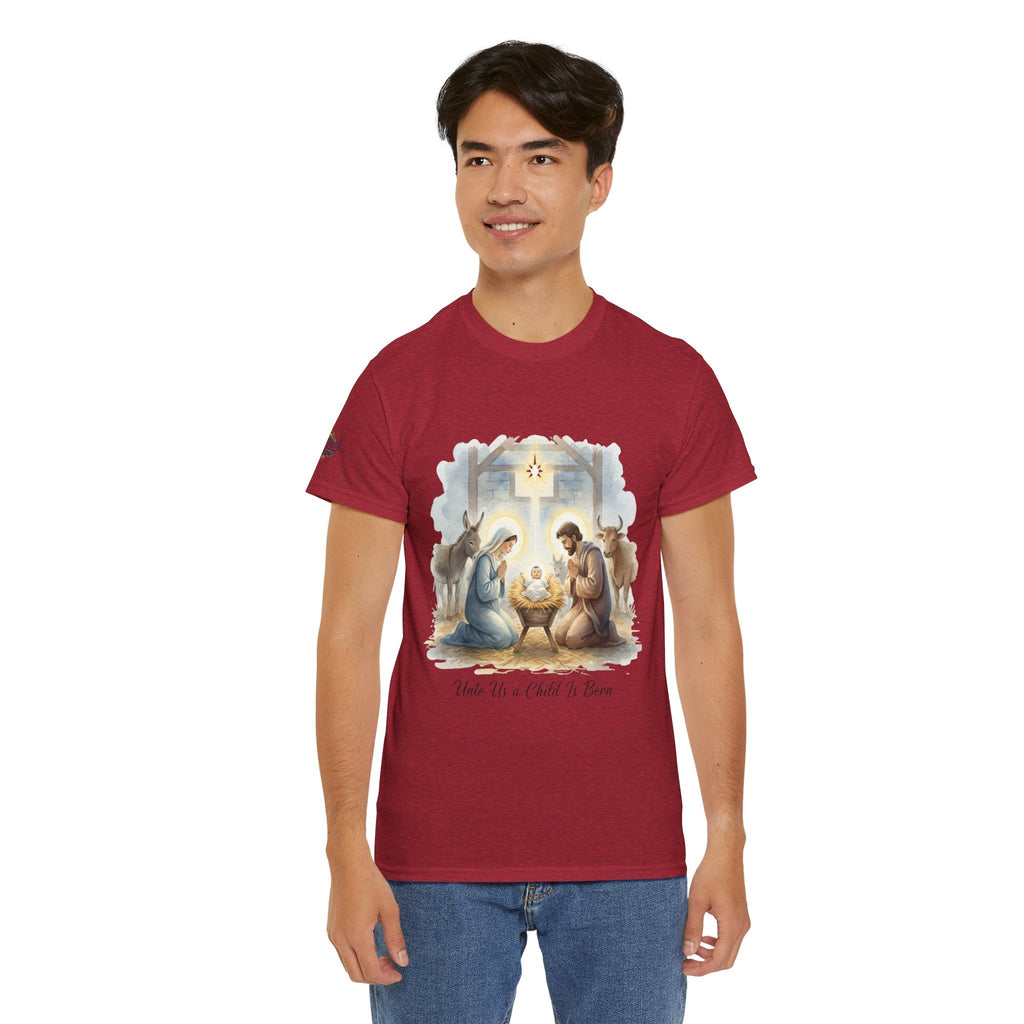 Unto Us a Child is Born T-shirt – Isaiah 9:6 Nativity Manger Scene Christian Christmas T-shirt for Holy Night Faith Printify