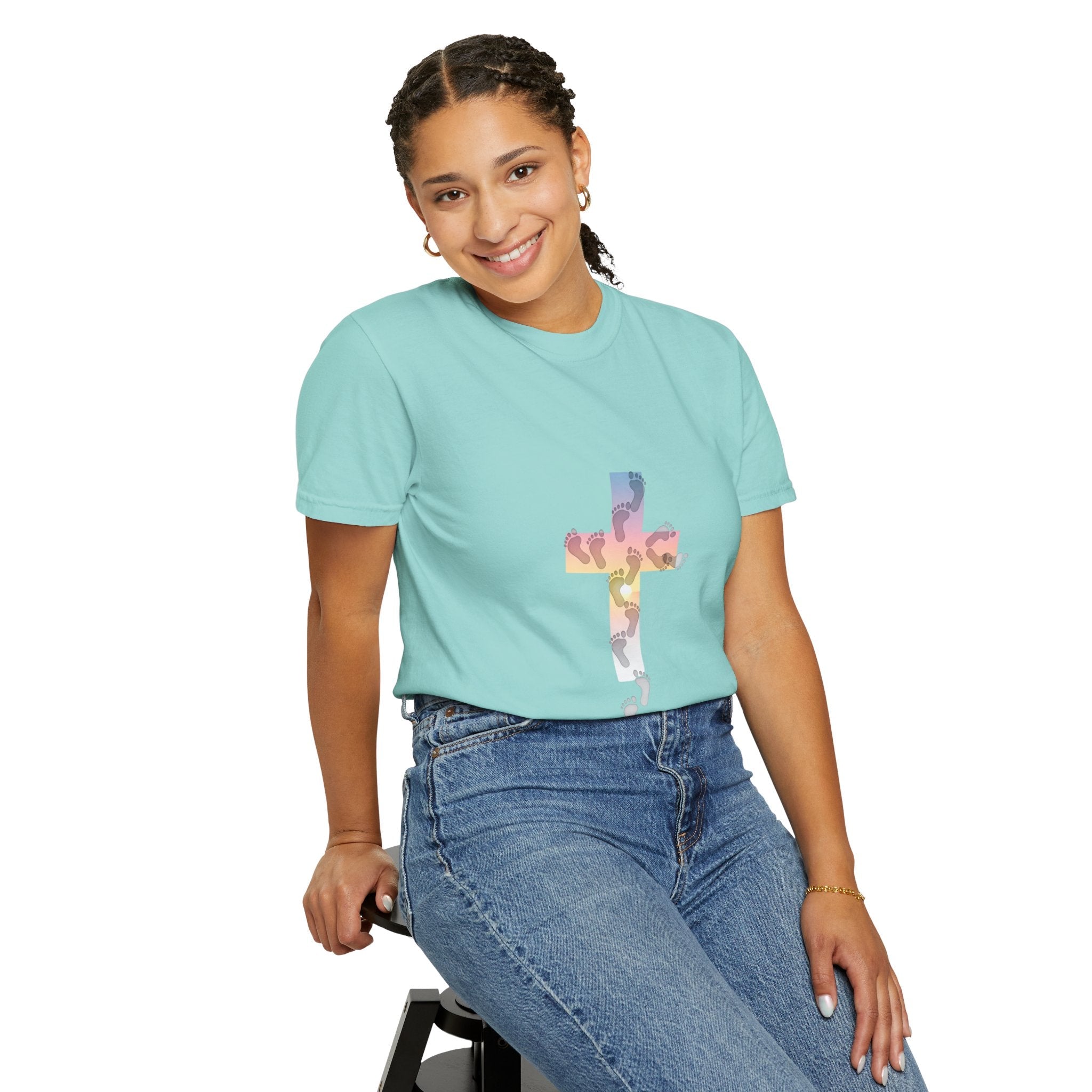 Walk by Faith T-Shirt – Cross & Footprints Christian Tee for Bold Believers Printify