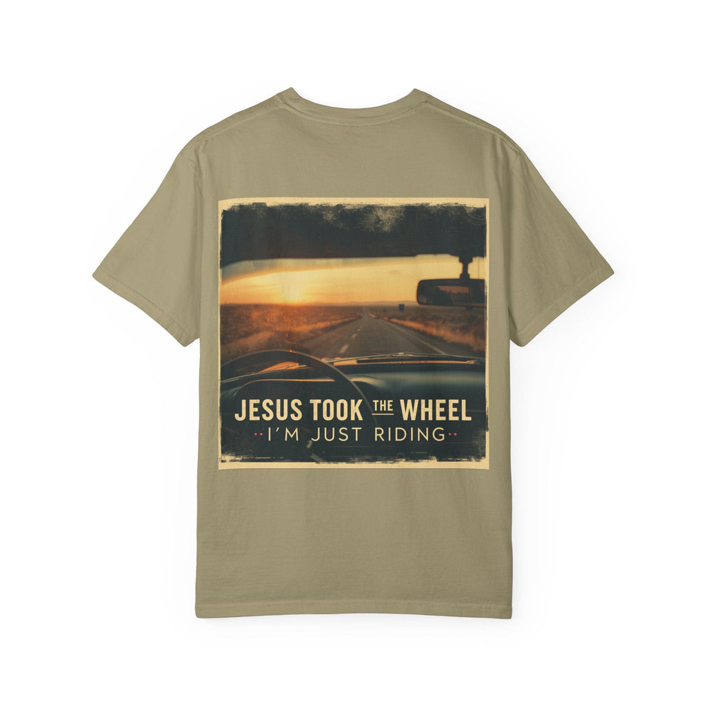 Jesus Took the Wheel I'm Just Riding T-shirt – Funny Christian Convertible Car T-shirt for Surrendered Faith & Humor Printify