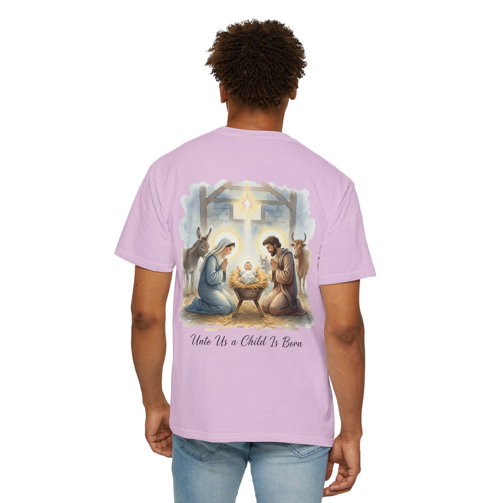 Unto Us a Child is Born T-shirt – Isaiah 9:6 Nativity Manger Scene Christian Christmas T-shirt for Holy Night Faith Printify