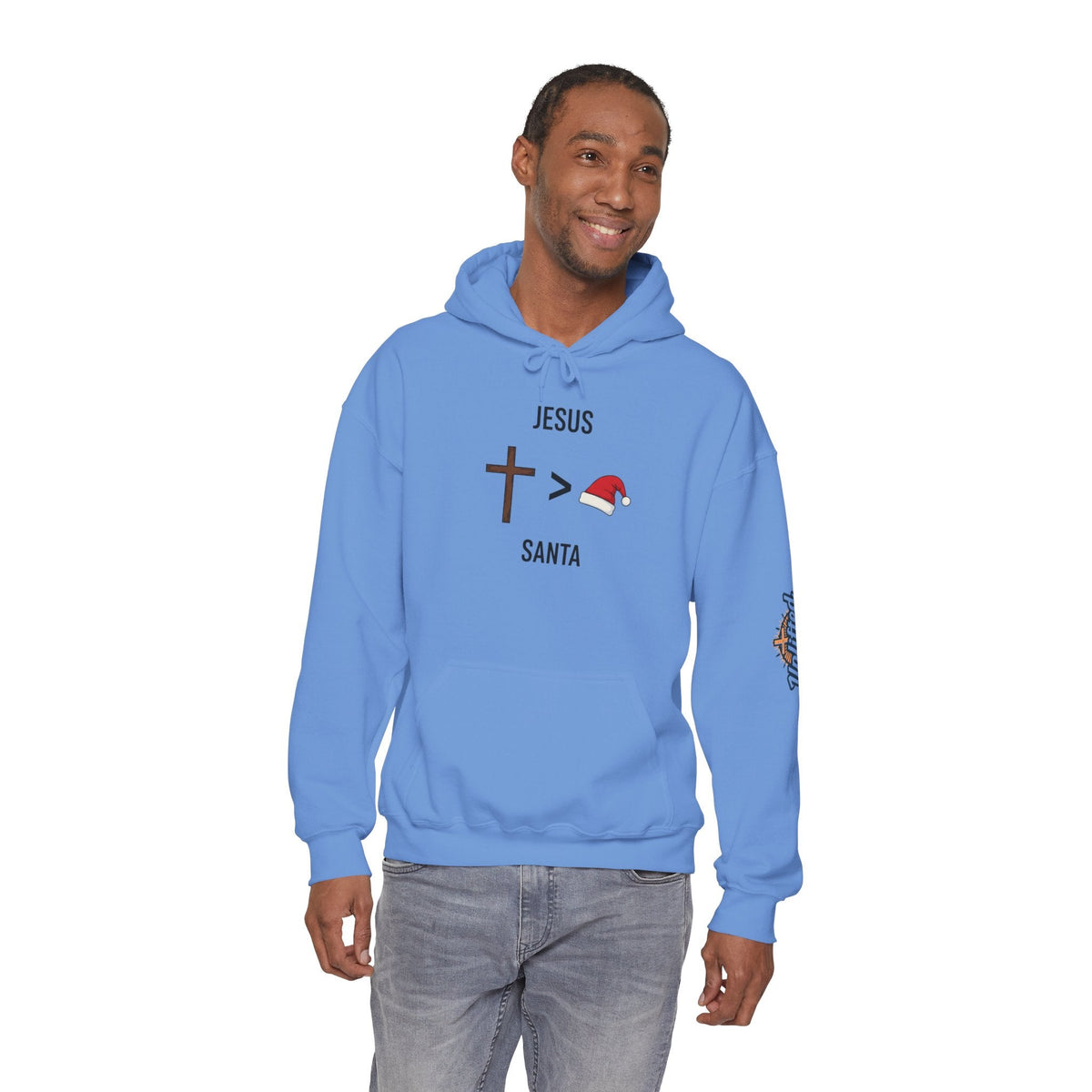🎄 Jesus > Santa – Minimalist Christian Christmas Hoodie | Bold Faith Over Holiday Tee | Cross vs Santa Hat Design | Uplifted Gear Printify