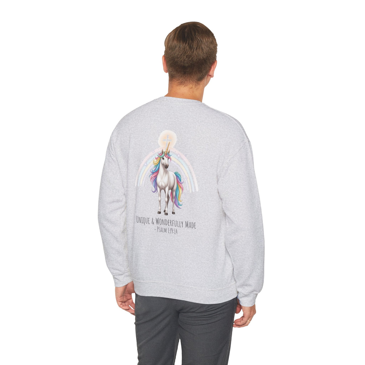 Unique Unicorn Sweatshirt – Rainbow Cross Psalm 139:14 Christian Sweatshirt for Wonderfully Made Printify