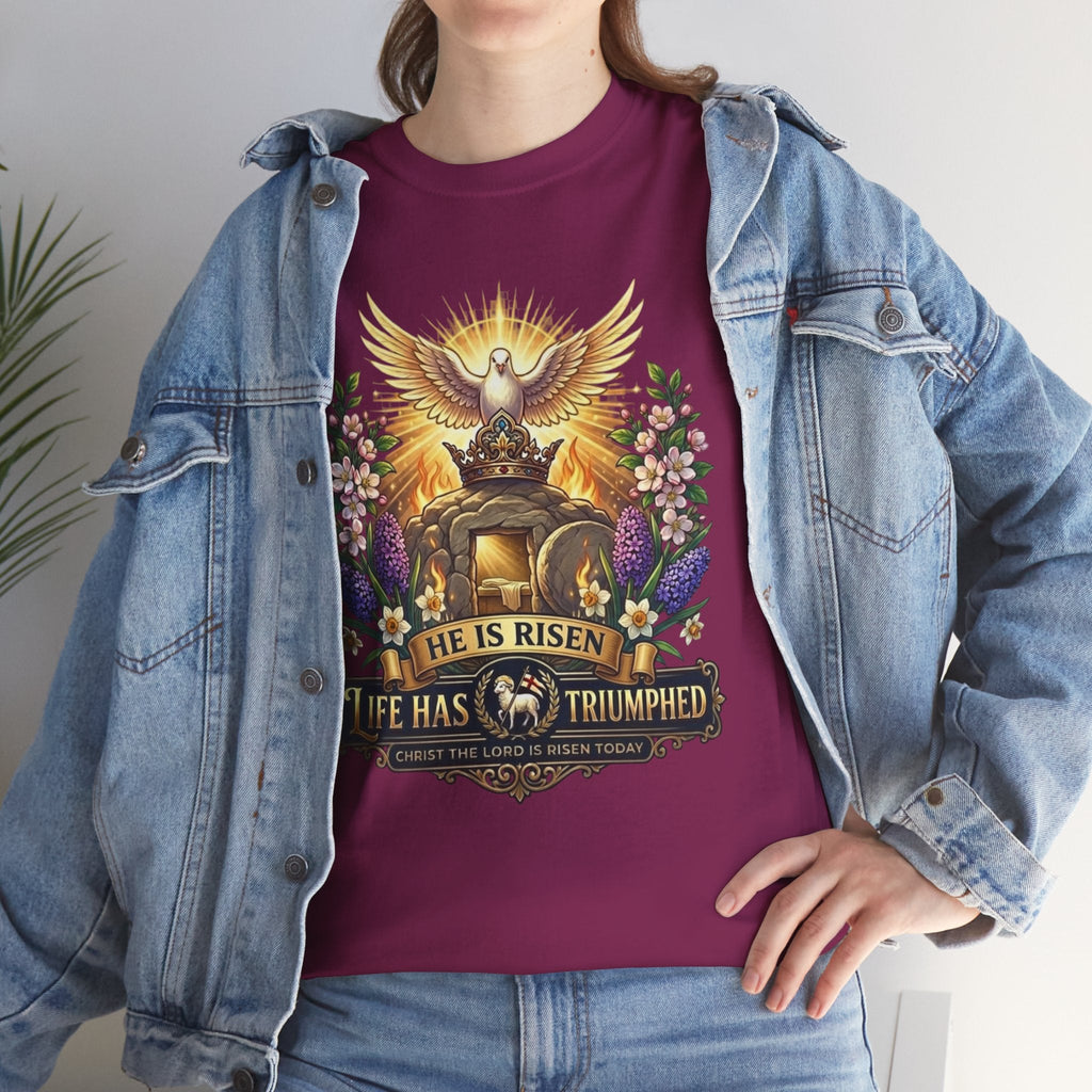 He Is Risen "Life Has Triumphed" T-Shirt — Easter Resurrection Christian Tee Printify