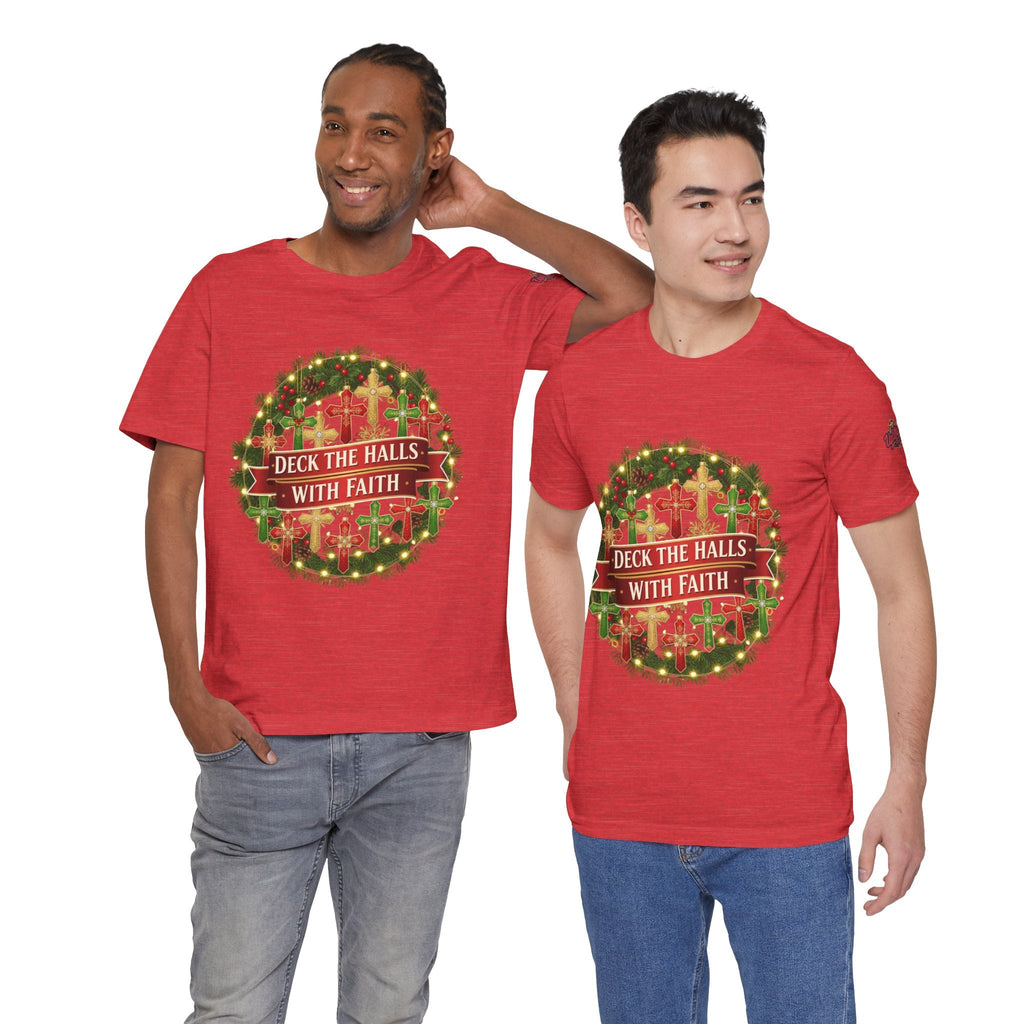 🎄 Deck the Halls with Faith – Christian Christmas T-Shirt | Cross Ornament Design & Festive Garland | Bold Holiday Faith Tee by Uplifted Gear Printify
