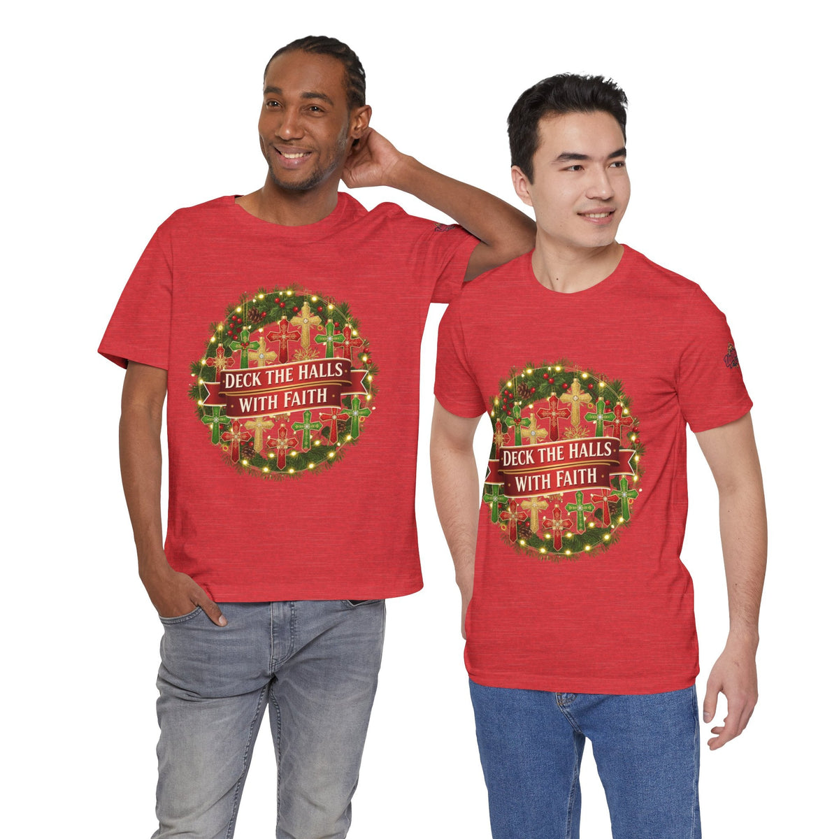🎄 Deck the Halls with Faith – Christian Christmas T-Shirt | Cross Ornament Design & Festive Garland | Bold Holiday Faith Tee by Uplifted Gear Printify