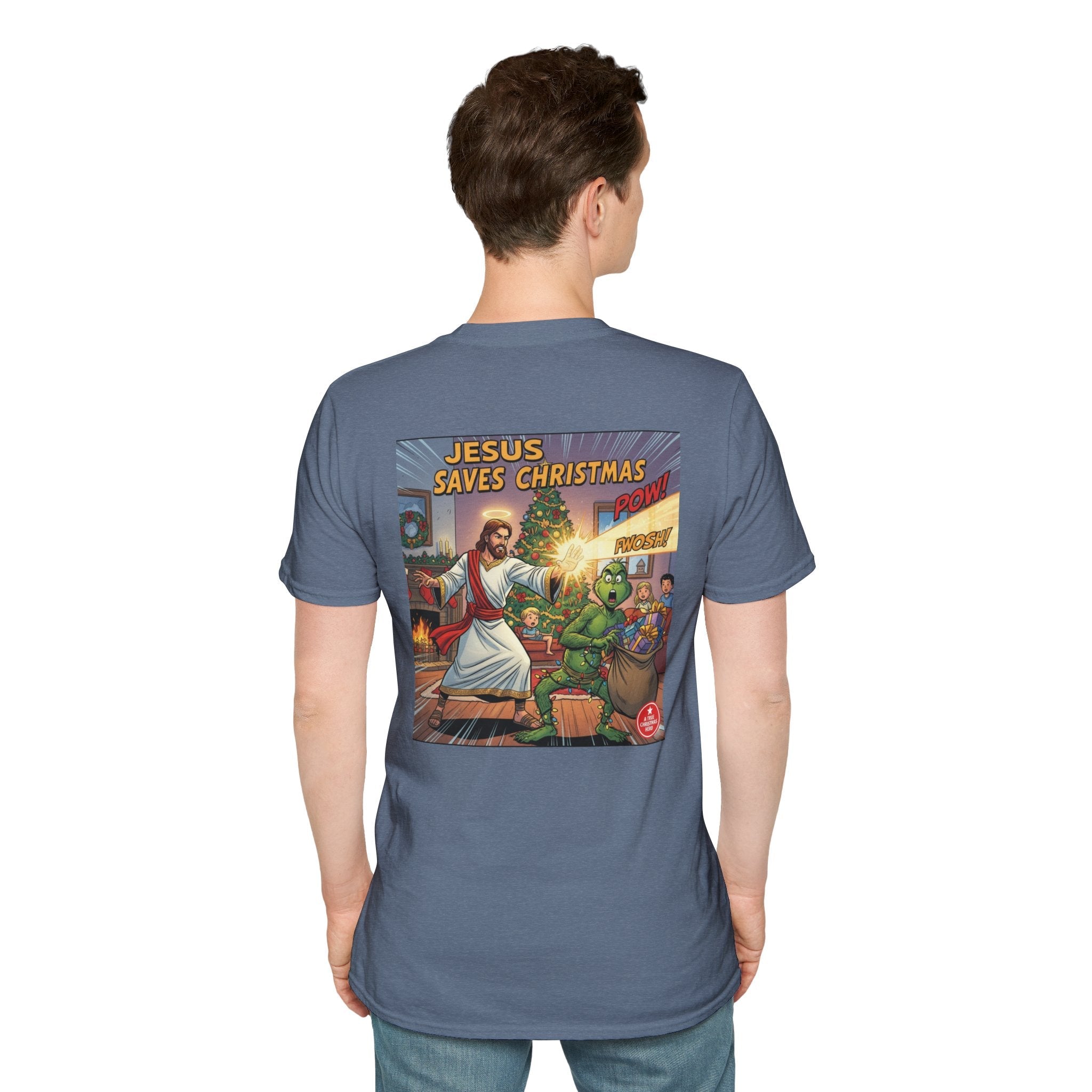 Jesus Saves Christmas T-shirt – Grinch vs Savior Light Battle Christian T-shirt for Hilarious Holiday Faith & True Joy Printify