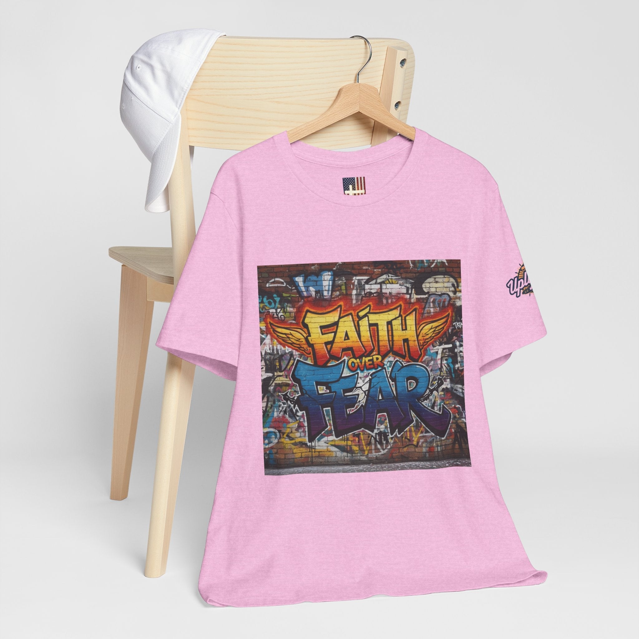 Faith Over Fear T-shirt – Graffiti Wall Christian T-shirt for Bold 2 Corinthians 5:7 Streetwear & Unshakable Faith Printify