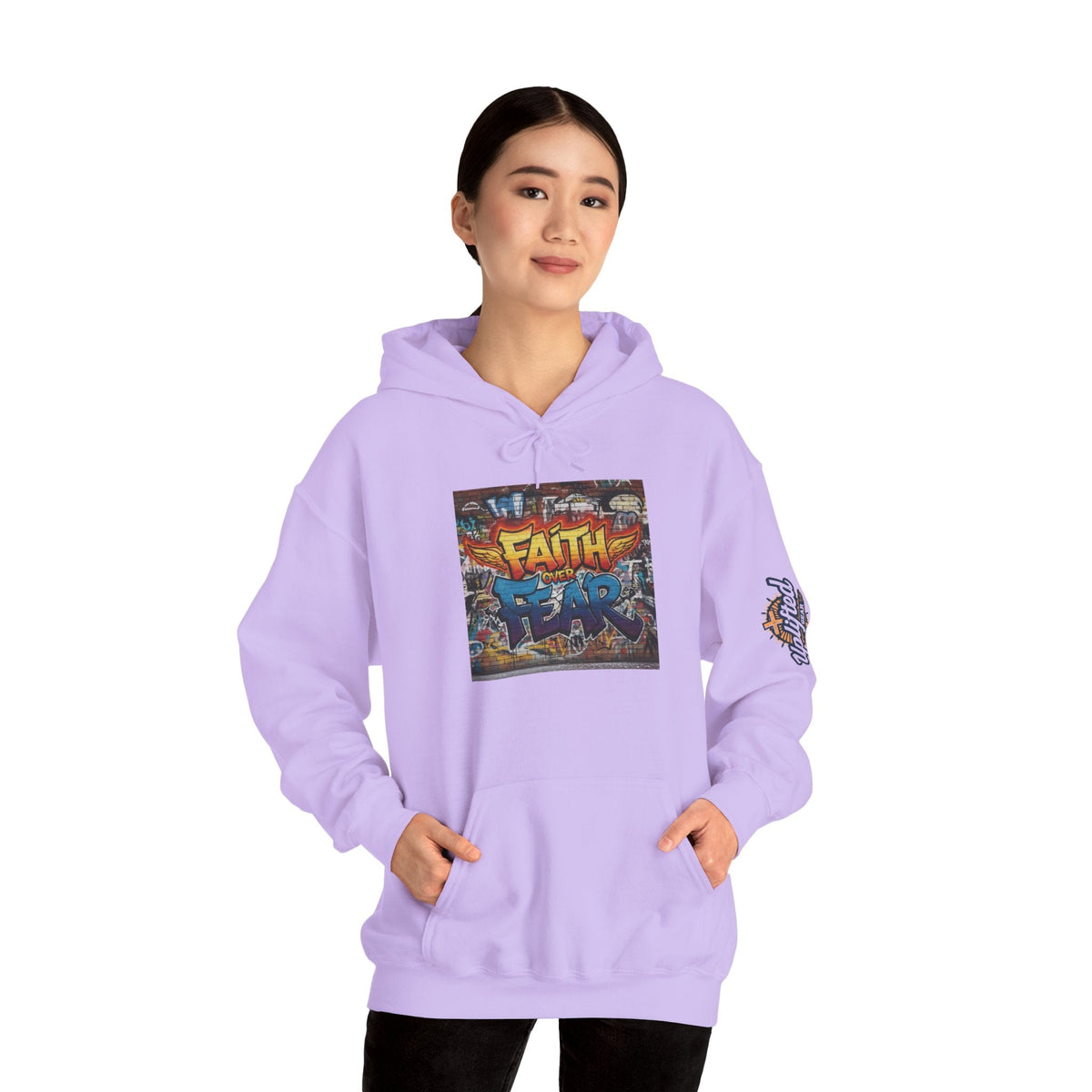 Faith Over Fear Hoodie – Graffiti Wall Christian Sweatshirt for Bold 2 Corinthians 5:7 Streetwear & Unshakable Faith Printify