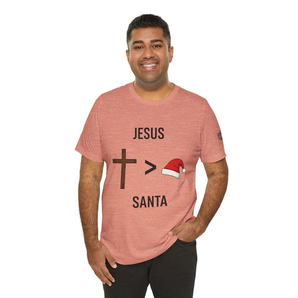 🎄 Jesus > Santa – Minimalist Christian Christmas T-Shirt | Bold Faith Over Holiday Tee | Cross vs Santa Hat Design | Uplifted Gear Printify