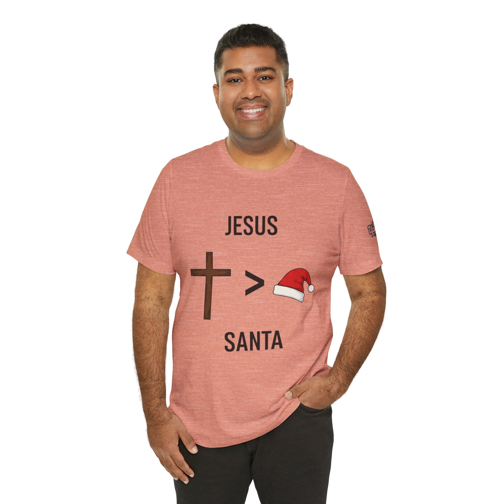 🎄 Jesus > Santa – Minimalist Christian Christmas T-Shirt | Bold Faith Over Holiday Tee | Cross vs Santa Hat Design | Uplifted Gear Printify