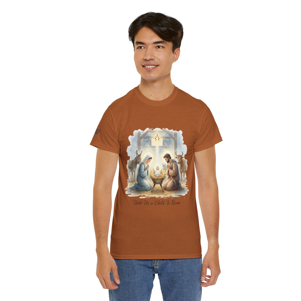 Unto Us a Child is Born T-shirt – Isaiah 9:6 Nativity Manger Scene Christian Christmas T-shirt for Holy Night Faith Printify