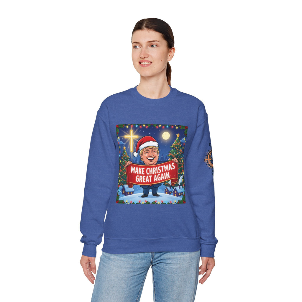 🎄 Make Christmas Great Again – Patriotic Christian Christmas Sweatshirt | Bold Holiday Faith Tee | Red & White Banner Design | Uplifted Gear Printify