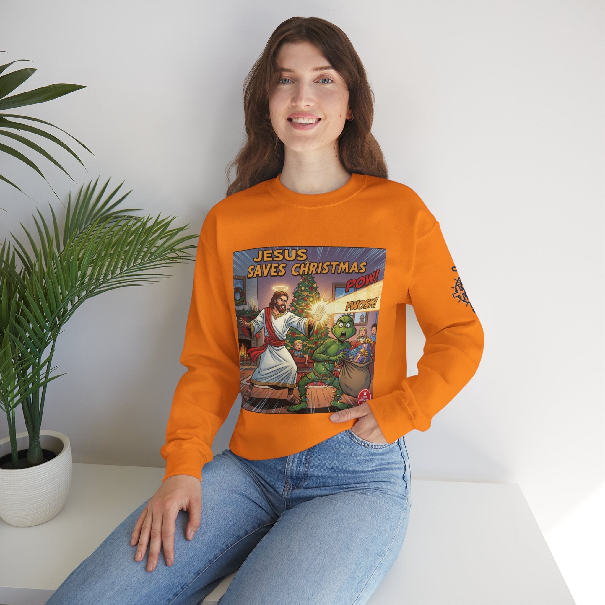 Jesus Saves Christmas Sweatshirt – Grinch vs Savior Light Battle Christian Sweatshirt for Hilarious Holiday Faith & True Joy Printify