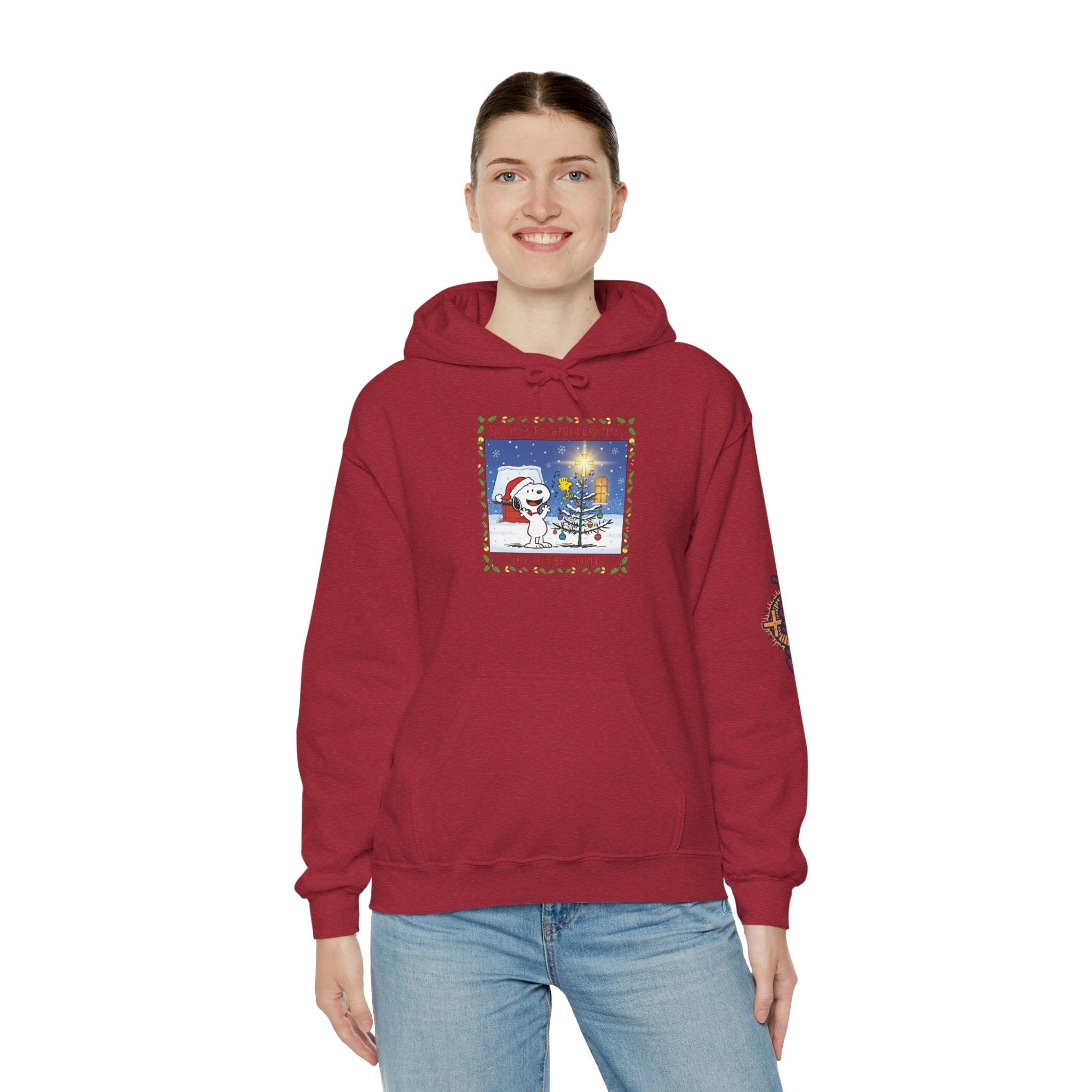 🎄 Faithful Christmas Friends – Christian Holiday Hoodie | Festive Tree & Cartoon Duo | Heartwarming Christmas Tee by Uplifted Gear Printify