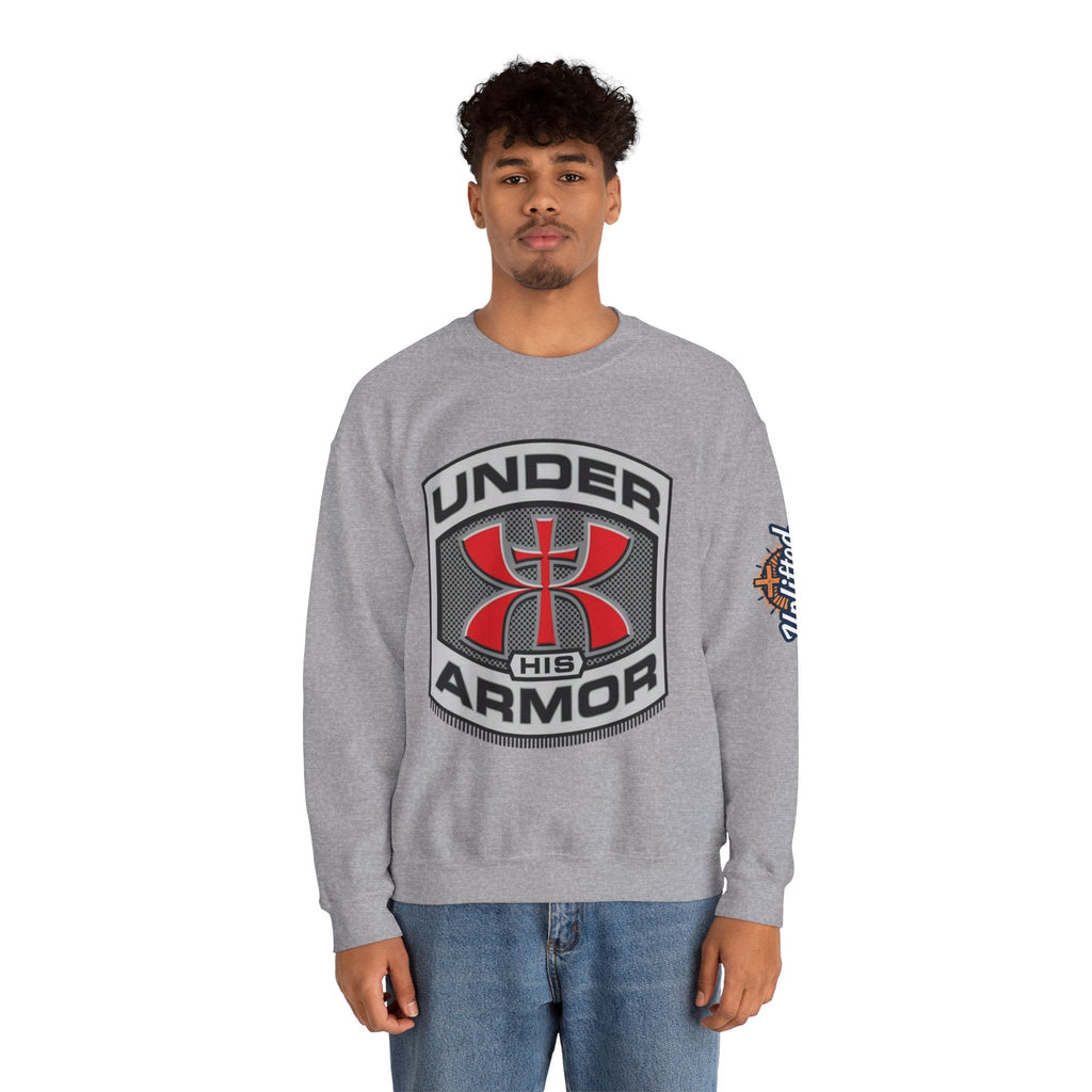 Under His Armor Crewneck Sweatshirt — Christian Faith Graphic Pullover Printify