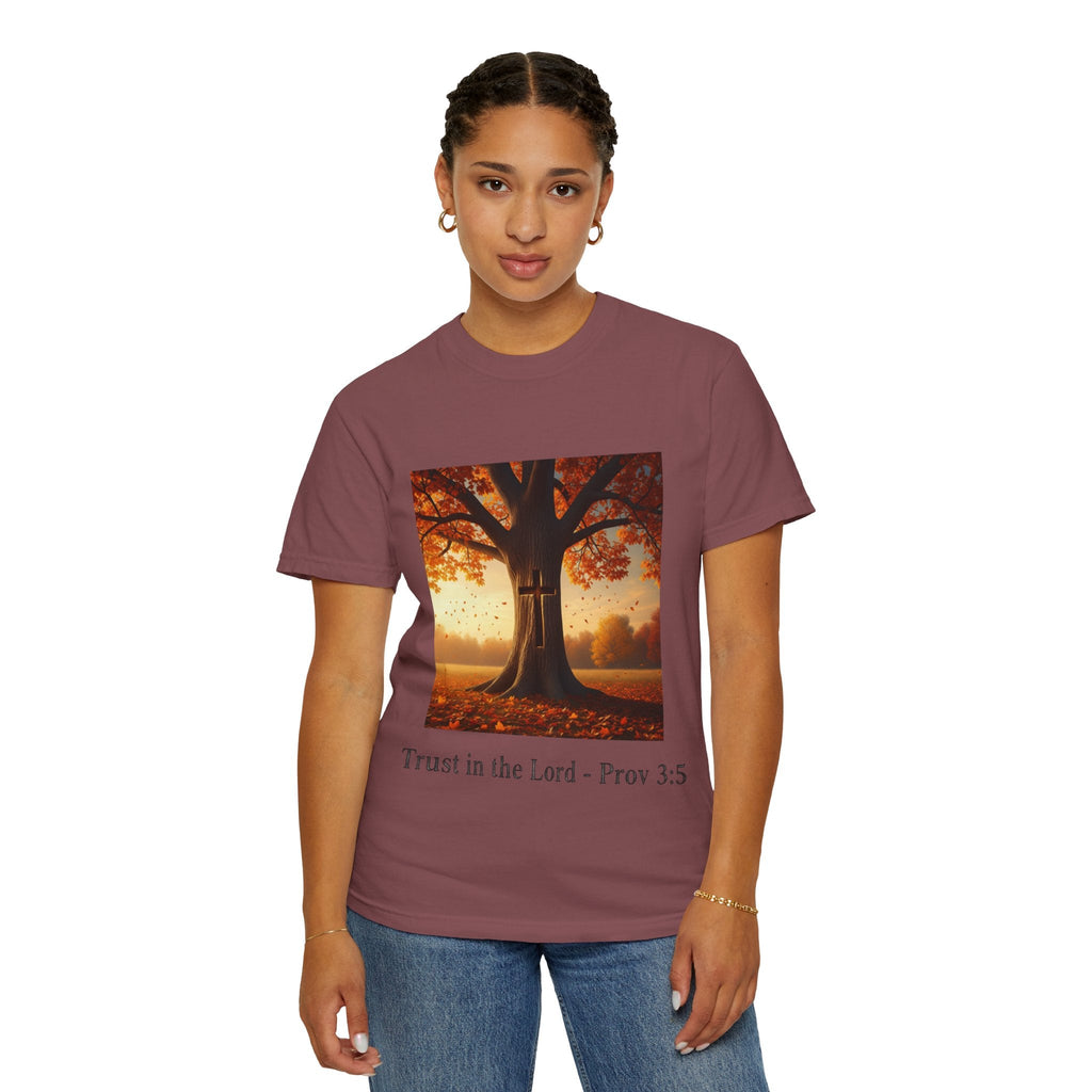 Trust in the Lord T-Shirt – Autumn Tree Christian Tee with Proverbs 3:5 Printify