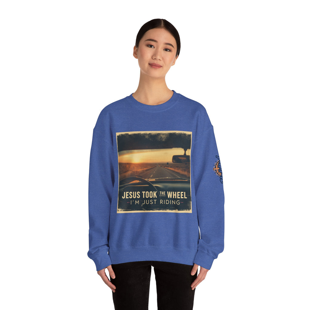 Jesus Took the Wheel I'm Just Riding Sweatshirt – Funny Christian Convertible Car Sweatshirt for Surrendered Faith & Humor