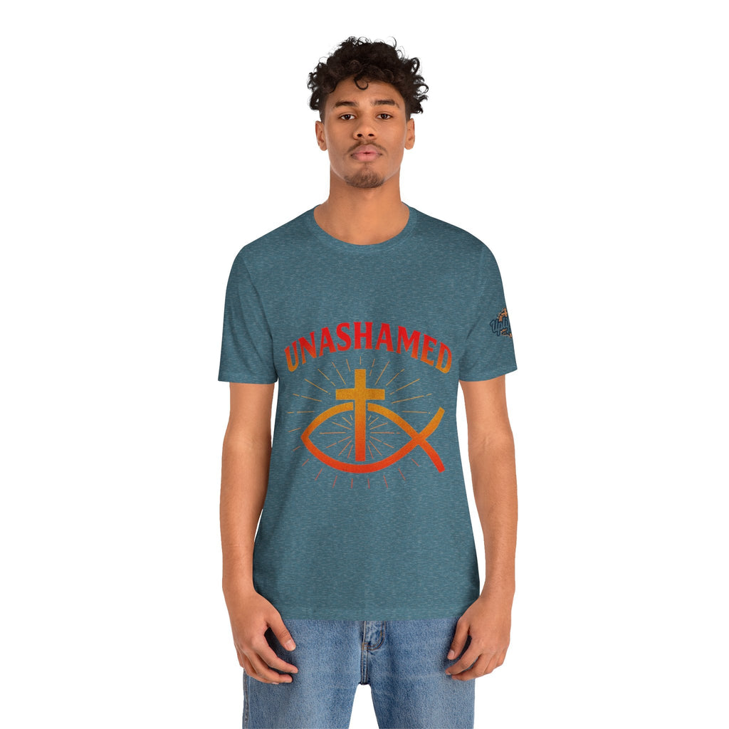 Unashamed T-shirt – Ichthys Jesus Fish & Cross Christian T-shirt for Romans 1:16 Bold Faith Printify