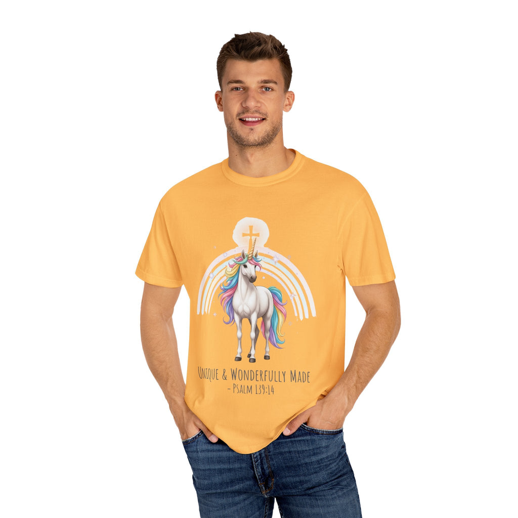 Unique Unicorn Christian T-Shirt – Wonderfully Made with Rainbow Cross & Psalm 139:14 Printify