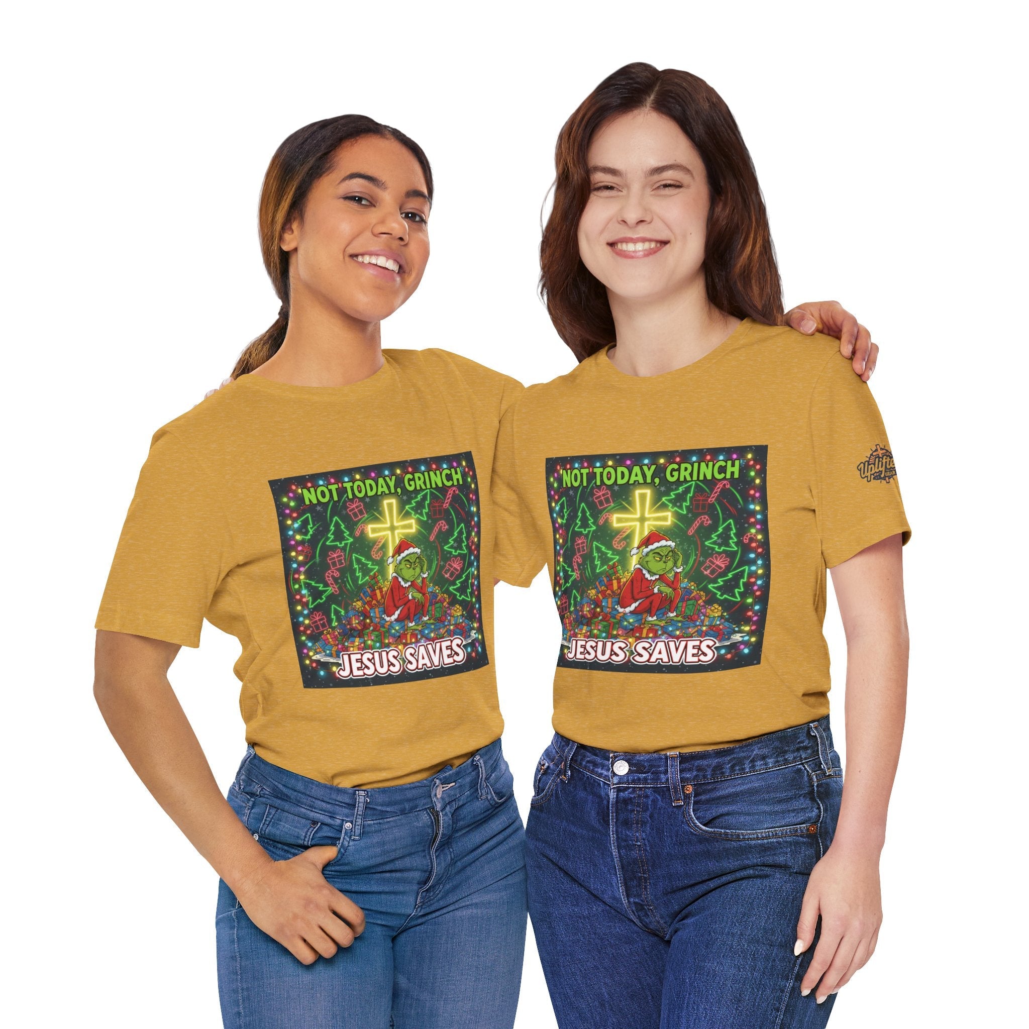 🎄 Not Today, Grinch – Jesus Saves | Funny Christian Christmas T-Shirt | Festive Green & Red Cartoon Style | Bold Faith Holiday Tee by Uplifted Gear Printify