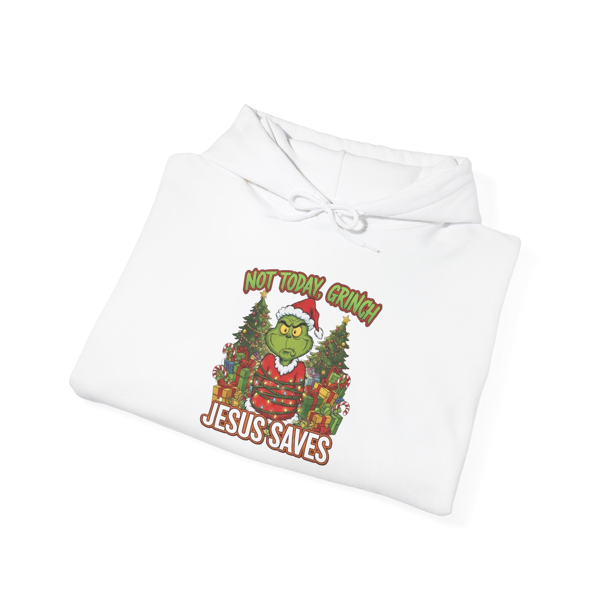 🎄 Not Today, Grinch – Jesus Saves | Funny Christian Christmas Hoodie | Sulking Grinch & Glowing Cross | Bold Neon Faith Tee by Uplifted Gear Printify